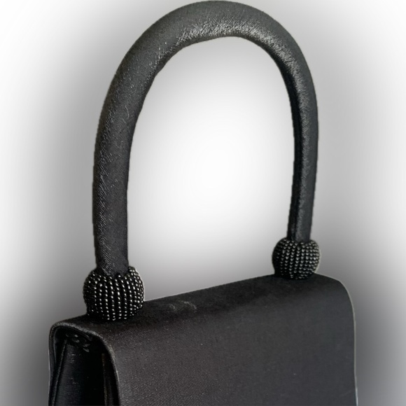 Little black satin evening designer style purse with long & top handle - Picture 8 of 8